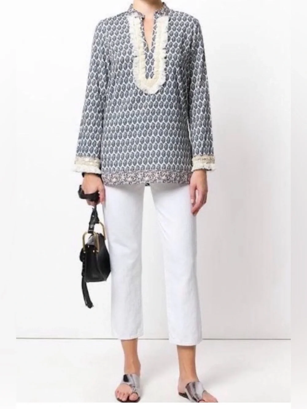 TORY BURCH Ellise Paisley Seashell Fringe Tunic Top